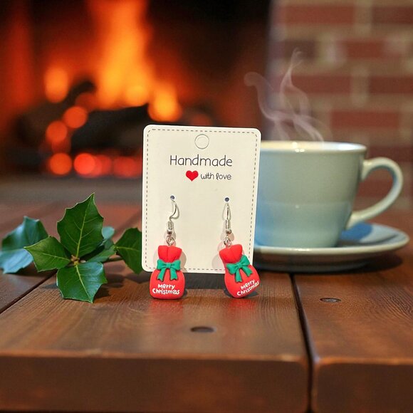 Handmade Christmas Gift Bag Earrings | Polymer Clay Holiday Jewelry - Picture 4 of 12
